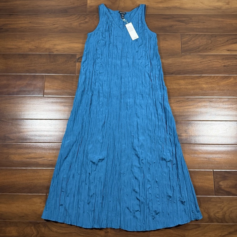 Eileen Fisher Women's Size XXS Dragonfly Blue Sleeveless Crushed Silk Long Dress